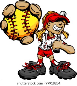 Fast Pitch Softball Girl Cartoon Player With Bat And Ball Vector Illustration