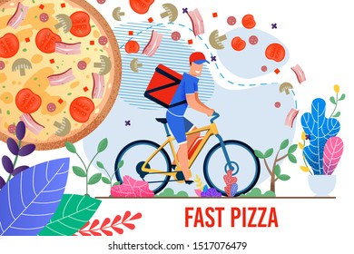 Fast Pizza. Cartoon Man Courier Character Delivering Order by Bike to Home Door or Office. Creative Flat Design. Freshly Cooked Fast Food, Floating Ingredients, Foliage. Ad Poster. Vector Illustration