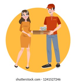 Fast pizza delivery boy courier holding box with hot food. Happy customer. Online food delivery. Isolated vector flat illustration