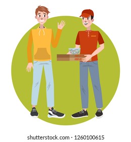 Fast pizza delivery boy courier holding box with hot food. Happy customer. Online food delivery. Isolated vector flat illustration