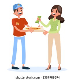 Fast pizza delivery boy courier holding box with hot food. Happy customer. Online food delivery. Isolated vector flat illustration