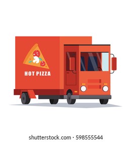 Fast Pizza Delivery Car, Van. Food truck. Flat vector