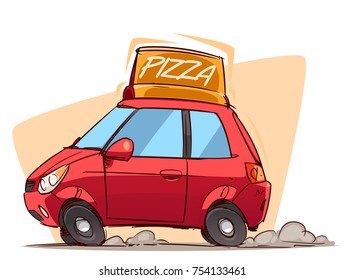 Fast Pizza Delivery. Cartoon car side view