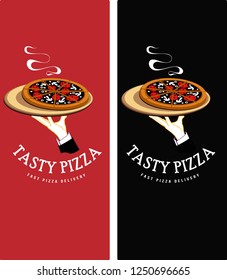 fast pizza delivery. dish in hand. TASTY PIZZA