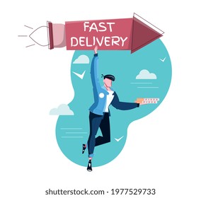 Fast pizza delivery flat composition with character flying on rocket vector illustration