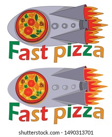 Fast pizza delivery. Illustration of services for pizzerias, restaurants, cafes, eateries. A drawing of a rocket in the porthole of which is pizza.