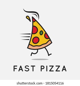 Fast pizza logo. Running pizza slice on white background