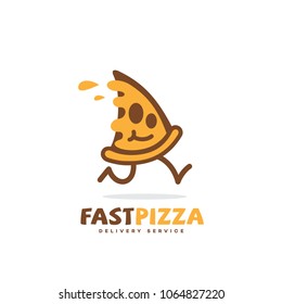 Diseño de plantillas de logo de pizza rápida con porción de pizza en ejecución.Ilustración vectorial.