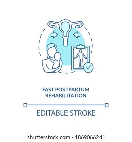 Fast postpartum rehabilitation concept icon. Breastfeeding benefit for women. Strong ache and pain. Stay regular idea thin line illustration. Vector isolated outline RGB color drawing. Editable stroke