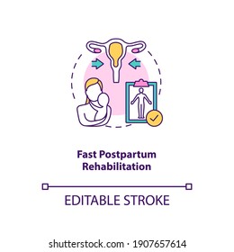 Fast postpartum rehabilitation concept icon. Breastfeeding benefits for women. Ease aches and pain. Stay regular idea thin line illustration. Vector isolated outline RGB color drawing. Editable stroke