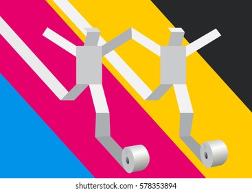 Fast printer concept..
Two Running men on paper background with print colors. Concept for presenting of color printing. Vector available.