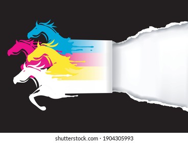 
Concepto de impresión rápida, impresión en color.
Cuatro caballos en marcha con los colores del modelo de color CMYK arrancando papel negro.Plantilla de banner. Vector disponible.