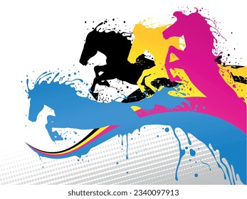 Fast printing concept. Four horses running in print colors. Concept for presenting color printing. Vector available