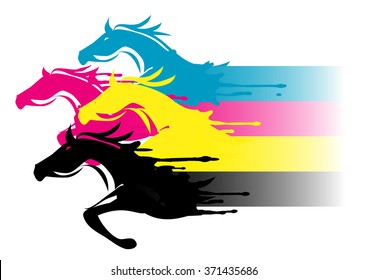 Fast printing concept.
Four running horses in the print colors. Concept for presenting of color printing. Vector available.
