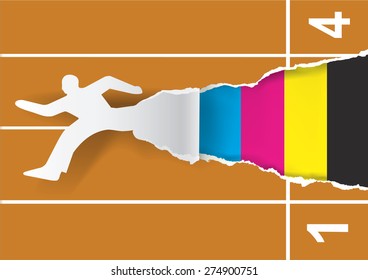 Fast printing concept. Running male silhouette on the start racing tracks. Ripping printing paper. Concept for presenting of paper or color printing press. Vector illustration.
