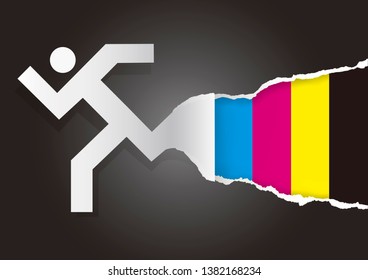 Fast printing torn paper concept.
 Illustration of running man icon ripped paper background with CMYK print colors. Template for presenting of color printing. Vector available.