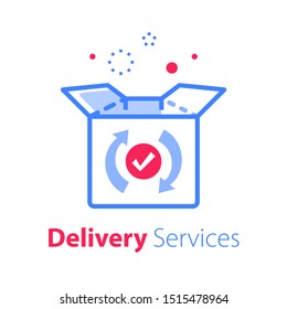 Fast processing store order, linear design, parcel shipment, tracking cargo box, goods distribution services, delivery warranty, vector line icon