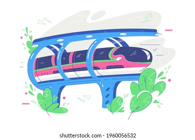 Fast public transport train vector illustration. Transfer for people, tunnel over cliff flat style. City transportation, public vehicle concept. Isolated on white background