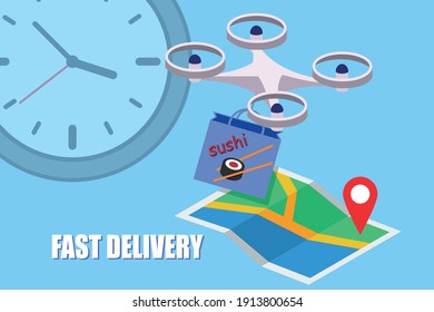 Fast quadcopter delivery sushi in a package, food delivery concept illustration, quadcopter control, delivery anywhere in the city. Vector EPS10