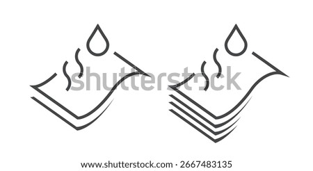 Fast quick absorption cloth surface icon icon simple line stroke outline graphic set, easy dry double layer fabric textile fiber material with water drop sign symbol, instant heat sheets structure