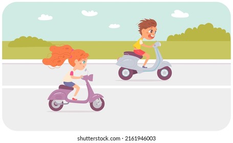 Schnelle Rennen von zwei süßen Kindern auf Motorrädern auf Asphalt Straße Vektorgrafik. Cartoon lustige Kinder beschleunigen Roller und genießen Geschwindigkeit auf der Strecke, Junge und Mädchen konkurrieren Hintergrund. Game-Konzept