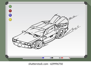 Fast racing car hand drawn on whiteboard. Vector illustration