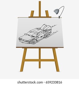 Fast racing car hand drawn on lyre easel. Vector illustration