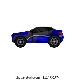 Fast racing car with large tires, tinted windows, blue and gray body. Sports automobile. Flat vector element for mobile game