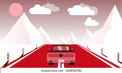 A fast racing sports red car rides a trip to the mountains along the road against the backdrop of pink mountains, sun and clouds. Concept: tourism in the mountains. Vector illustration.