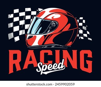 Fast racing vintage poster colorful with red hardhat for sports car driver and checkered finishing flag vector illustration