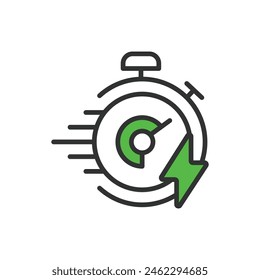 Fast recharging, in line design, green. Fast, recharging, quick, rapid, speed, swift, efficient on white background vector. Fast recharging editable stroke icon.