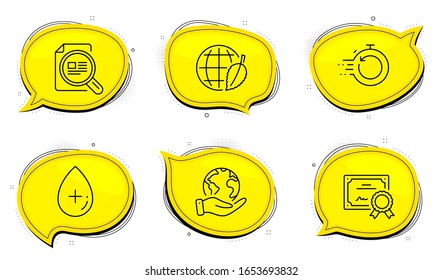 Fast recovery sign. Diploma certificate, save planet chat bubbles. Check article, Environment day and Oil serum line icons set. Magnifying glass, Safe world, Cosmetic care. Backup timer. Vector
