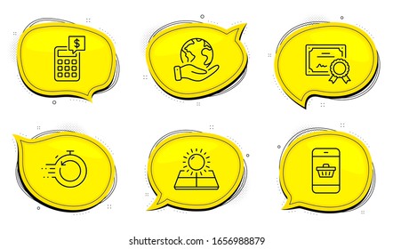 Fast Recovery Sign. Diploma Certificate, Save Planet Chat Bubbles. Sun Energy, Calculator And Smartphone Buying Line Icons Set. Solar Panels, Money Management, Website Shopping. Backup Timer. Vector