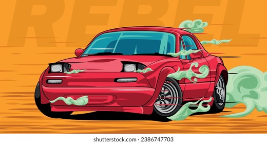 fast red car, vector digital illustration of car running at high speed