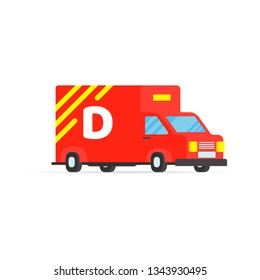 Fast red delivery vehicle car van flat style design vector illustration isolated on white background. Cargo auto truck for shipment business.