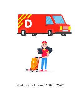 Fast red delivery vehicle car van and girl character with clipboard and trolley and boxes on it flat style design vector illustration isolated on white background.  Symbol of delivery company.