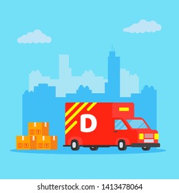 Fast red delivery vehicle car van flat style design with city behind vector illustration isolated on light blue background. Cargo auto truck for shipment business with pile of boxes.