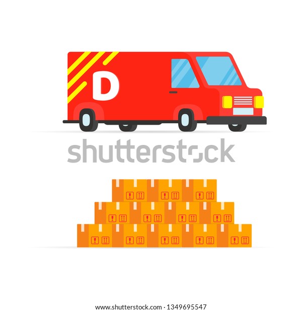 Fast red delivery vehicle\
car van flat style design vector illustration isolated on white\
background. Cargo auto truck for shipment business with pile of\
boxes.