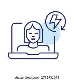 Fast remote support, quick virtual sync, rapid online meeting. Female user on laptop and lightning bolt in renew arrow. Pixel perfect, editable stroke vector icon