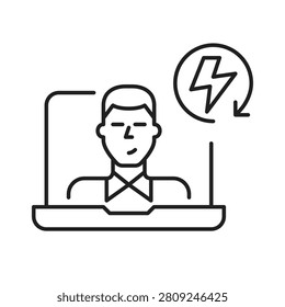 Fast remote support, quick virtual sync, rapid online meeting. Male user on laptop and lightning bolt in renew arrow. Pixel perfect, editable stroke vector icon