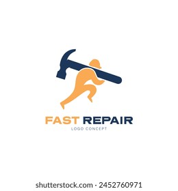 Fast repair, Carpenter Builder with hard hat and Hammer Running Logo Symbol Design Template Flat Style Vector