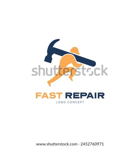 Fast repair, Carpenter Builder with hard hat and Hammer Running Logo Symbol Design Template Flat Style Vector