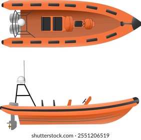 Embarcación de rescate rápido. Perfil lateral y superior de un bote de rescate rápido que generalmente se encuentra en un crucero. Ilustración vectorial aislada.