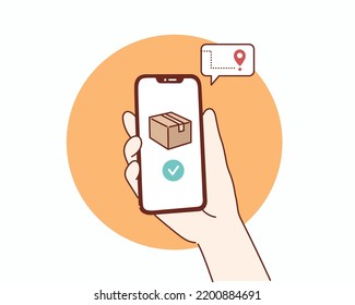 Fast respond delivery package shipping on mobile. Hand drawn style vector design illustrations.