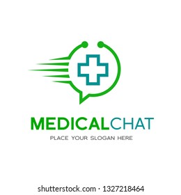 Fast response or chat medical vector logo template. This logo with plus symbol and stethoscope.