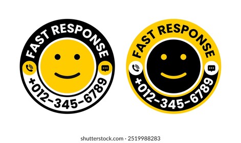 Fast response round icon with smile emoji, phone call, message. Vector Illustration