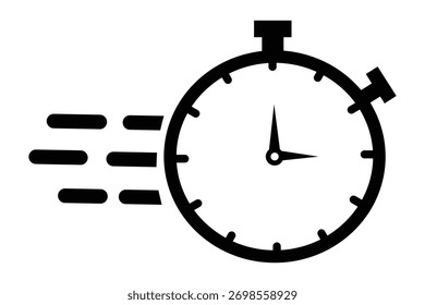 Fast response time clock vector symbol. quick, rush or faster work service Vector work time effect or delivery service time icon. Fast stopwatch icon with motion lines, representing speed,