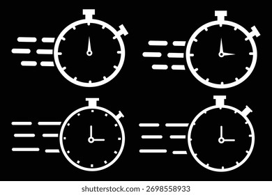 Símbolo de vetor de relógio de tempo de resposta rápido. ícone de tempo de serviço de entrega ou efeito de tempo de trabalho Vetor rápido, rápido ou mais rápido. Ícone de cronômetro rápido com linhas de movimento, representando a velocidade,