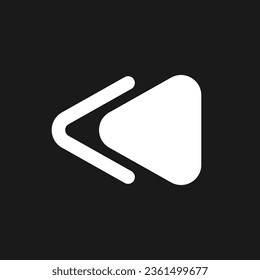 Fast reverse button dark mode glyph ui icon. Music player. Playing video. User interface design. White silhouette symbol on black space. Solid pictogram for web, mobile. Vector isolated illustration