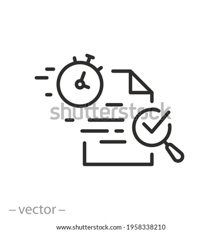 fast review document with assess, quick audit verification, time period exam, thin line web sign on white background - editable stroke vector illustration eps10